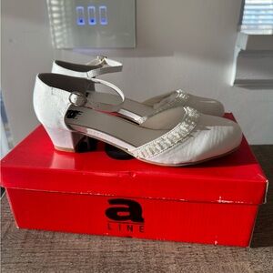 Aline White Satin and Beaded Girls Dress Shoes